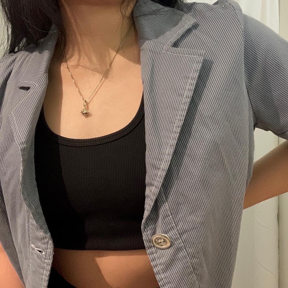 Blue Striped One-Button Blouse - Picture 2 of 5